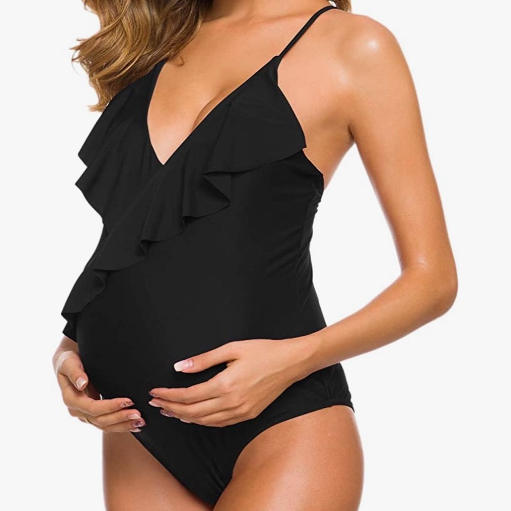 Maternity Swimsuit Ruffle Flounce Falbala Halter Monokini Black Deep V Neck - Picture 2 of 8